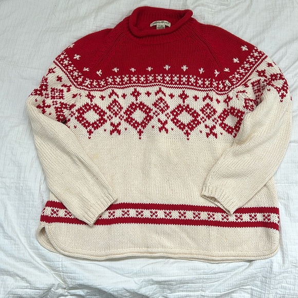 Vintage Eddie Bower Ski Sweater Intarsia Snowflake Red Cream Sz W’s L Petite - Picture 1 of 9